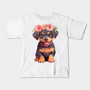 Watercolor Rottweiler Dog with Head Wreath Kids T-Shirt